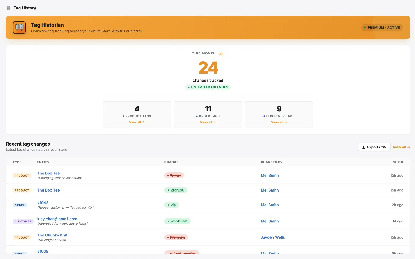 Tag History dashboard showing recent tag changes