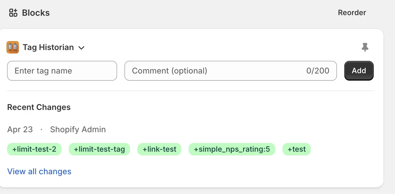 Tag History block added to a Shopify order page