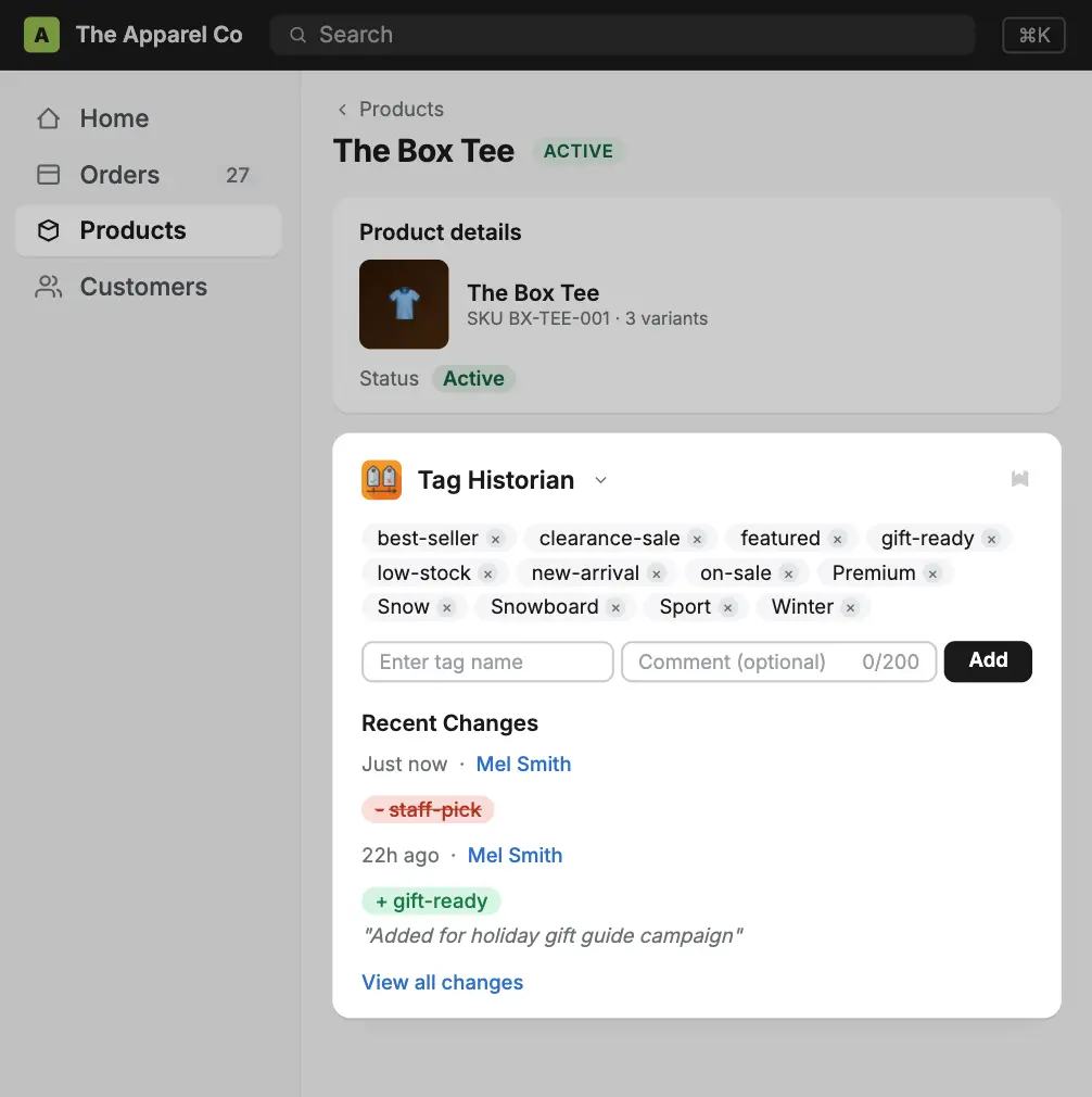 Tag History block on a Shopify product page showing recent tag changes with who made them and a comment